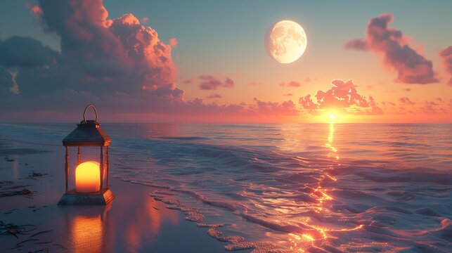 Romantic beach scene with lantern light against sunset and moonrise backdrop