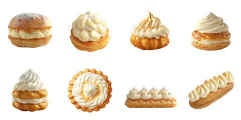 Choux cream 3d mockup isolated collection without background dessert concept.