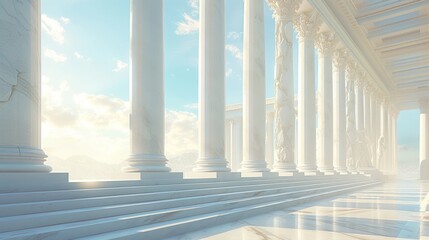 Fototapeta premium Majestic white marble columns under a blue sky evoke timeless architectural grandeur