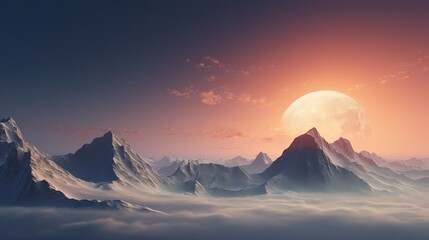 the moon is rising over the ridge above the mountain landscape ilustration photo