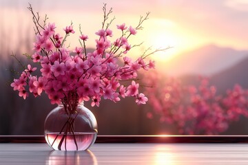 Beautiful cherry blossom in vase on table with sunset background