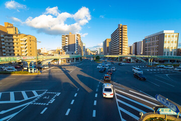 A traffic jam at the large crossing in Kyoto wide shot