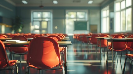 Bright classroom with vibrant orange chairs ready for an engaging educational experience - obrazy, fototapety, plakaty