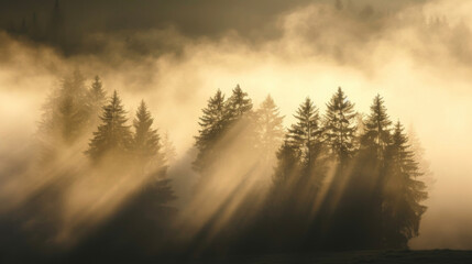 A group of trees emerging from a blanket of thick morning fog silhouetted against a bright backlit sky.