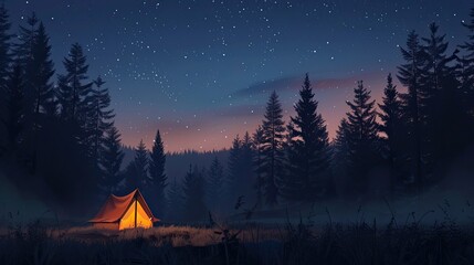 Nighttime Forest Camping Tent Under Starry Sky