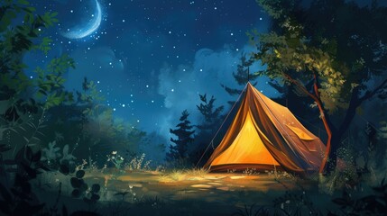 Nighttime Forest Camping Tent Under Starry Sky