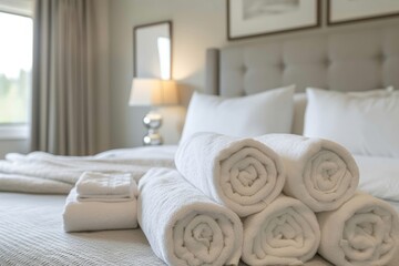Fototapeta na wymiar Elegant presentation of rolled white towels on a bed with a soft-focus of the hotel room interior