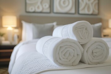 Obraz na płótnie Canvas A clear shot of soft, luxurious white towels rolled and presented on a bed with stylish bedroom decor