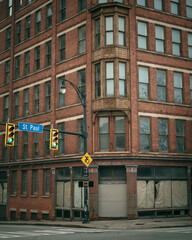 An intersection and buildings in Downtown Rochester, New York
