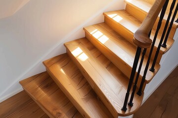 Warm sunlight filters through the window, casting pleasing shadows on a pristine wooden staircase...