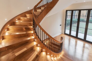 Curved wooden staircase with embedded lights provides a luxurious and warm path in an upscale...
