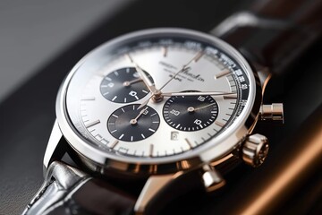 An elegant silver chronograph watch featuring a white dial and subdials, presented on a brown leather band