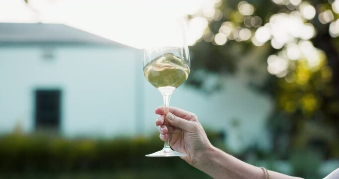 Swirl, wine and person with glass in hand for luxury alcohol experience or drink at sunset on farm. Vineyard, testing and tasting of rich and sweet liquid in summer or countryside with sky and trees