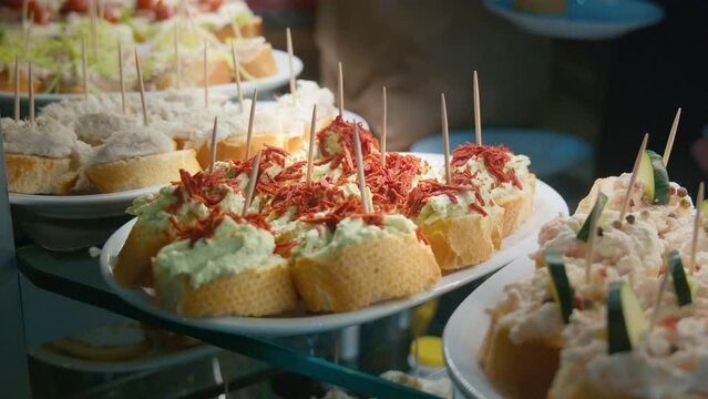 Assorted Canap&eacute;s on Venetian Table, food shop close up