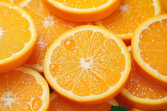 Vibrant image showcasing the freshness and juiciness of bright orange slices with visible texture and droplets