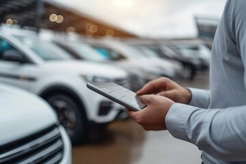 A car buyer at a dealership checking vehicle information on a tablet amidst a lineup of new cars