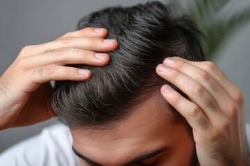 Close-up of a person's hand running through their hair, potentially checking for hair loss or dandruff