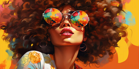 Beautiful girl with curly hair and round sunglasses close-up on colorful background illustration - obrazy, fototapety, plakaty