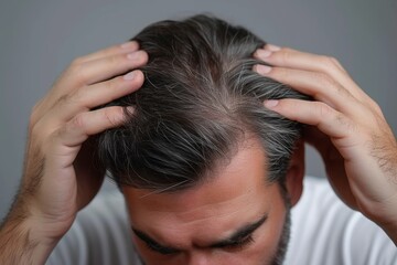 Fototapeta premium A middle-aged man addresses his prematurely greying hair, touching his head with a worrisome expression