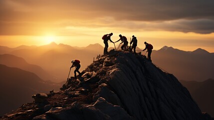 a group of people climbing a mountain