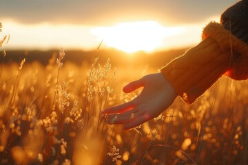 The last rays of the sun cast a magic glow on a hand stretching out over a sparkling field at sunset