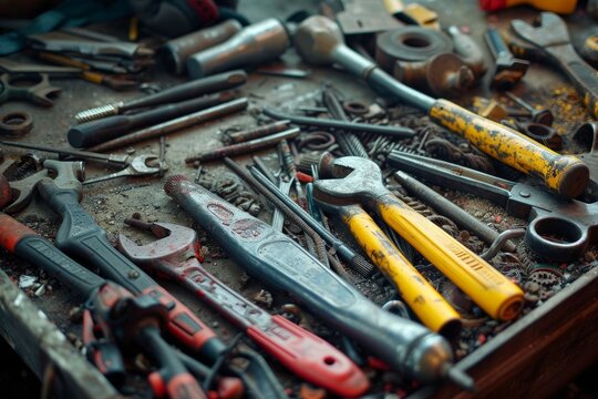 A collection of various hand tools laid out on a workbench, depicting a busy workshop environment