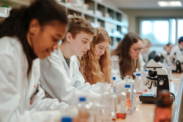 Biology or chemistry class at high school lab