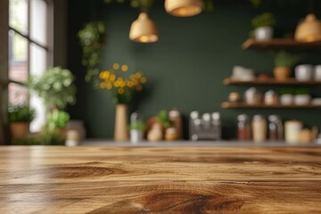 Rich wooden table surface grabbing attention, with a fashionable kitchen setup softly out of focus behind - obrazy, fototapety, plakaty