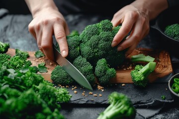 Close-up shot of hands meticulously cutting broccoli on a wooden cutting board with a chef's knife - obrazy, fototapety, plakaty