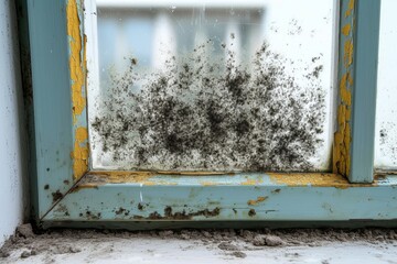 Overwhelming black mold contamination visible on a teal window frame, signifying a hazardous living space