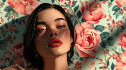 Cartoon digital avatar of a beauty influencer with a flawless makeup look against a floral wallpaper background.