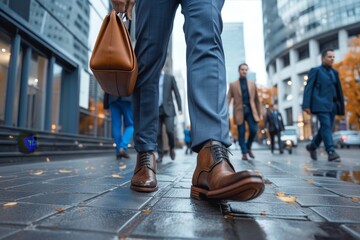 The image captures a businessman's purposeful stride on a city's wet sidewalk with fallen leaves reflecting busy urban life - obrazy, fototapety, plakaty