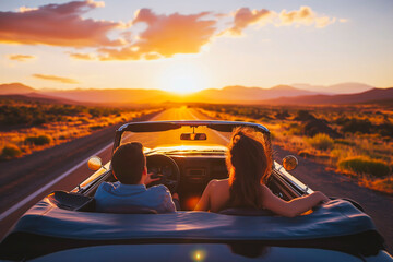 Happy couple driving into sunset in convertible - obrazy, fototapety, plakaty