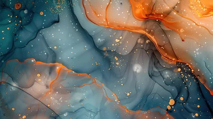 Gordijnen Olive Green & Sunset Orange marble texture with gold splashes, alcohol ink watercolor background, abstract fluid art © EverydayStudioArt