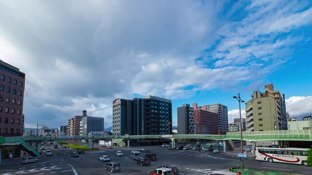 A timelapse of traffic jam at the large crossing in Kyoto wide shot panning