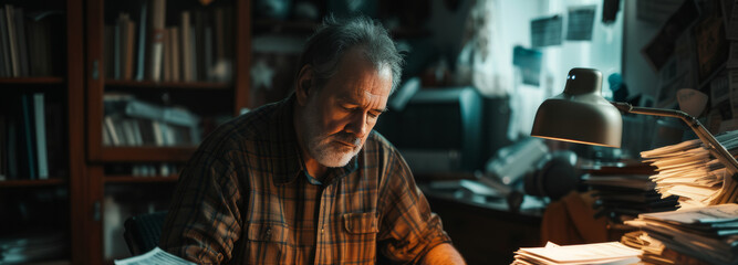 A middle-aged man sitting at a desk with piles of overdue bills and financial statements in a dark room.