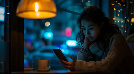 A woman in a cafe borrowing money from a smartphone app her face glowing from the screen