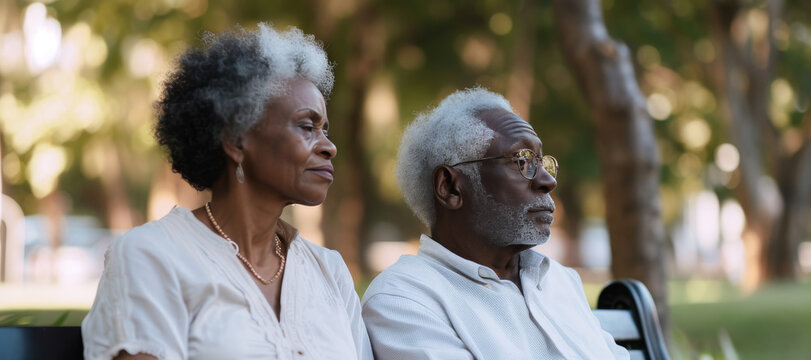 Black couple looking into the distance as they plan their retirement and investment goals on a park bench.
