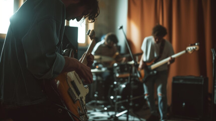 musicians in a studio with instruments and amplifiers.A musical jam session