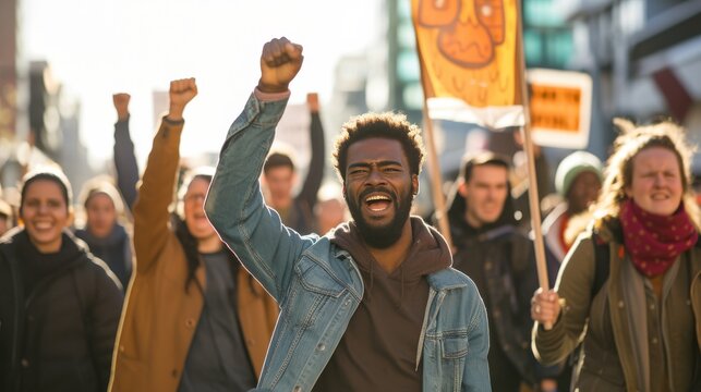 Activists holding banners and chanting slogans in a street march for social change