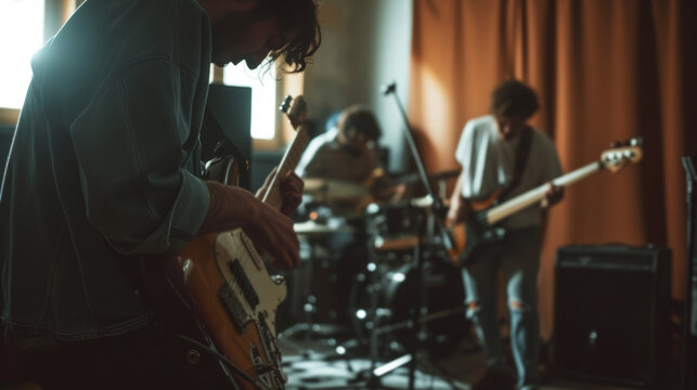 musicians in a studio with instruments and amplifiers.A musical jam session