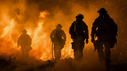 Obraz na płótnie Canvas A team of firefighters confronting a fierce inferno flames and smoke