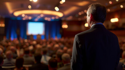A CEO giving a keynote speech at a conference with a large professional audience.