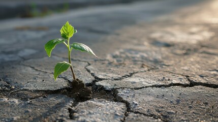 Plant breaking through concrete pavement as a symbol of business resilience and growth