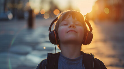 child listening to music. sunset light background