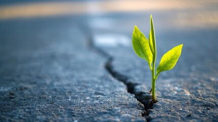 A plant emerging from the cracked concrete pavement, symbolizing the resilience