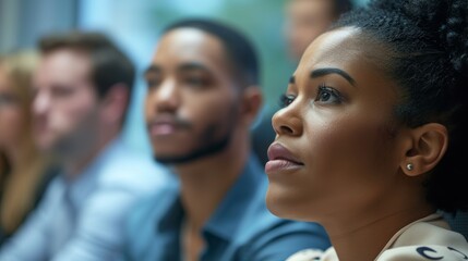 Obraz premium Employees listening to executive announcing layoffs and restructuring in conference room