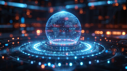A sleek holographic globe with multiple data rings floating around it illustrating the global nature of financial risk and crisis management. The rings display realtime data