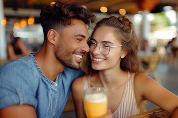 Engaging couple laughing and sharing light moments over tropical drinks in a lively cafe - obrazy, fototapety, plakaty
