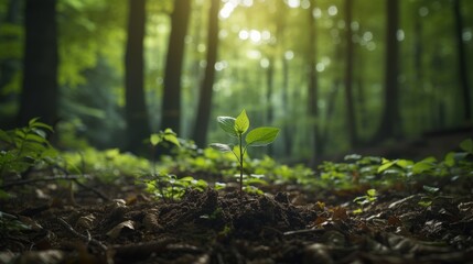 Lush forest with young sapling and towering trees representing nature&rsquo;s growth stages